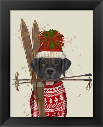 Framed Black Labrador, Skiing Print