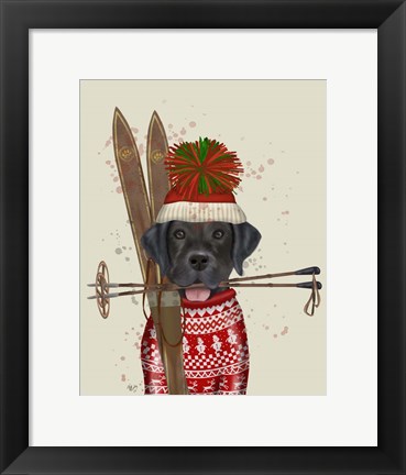 Framed Black Labrador, Skiing Print