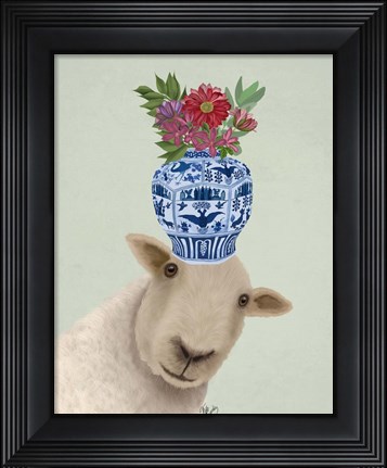 Framed Sheep with Vase of Flowers Print
