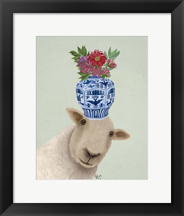 Framed Sheep with Vase of Flowers Print