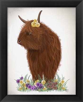 Framed Highland Cow, Pansy Print