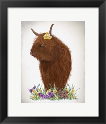 Framed Highland Cow, Pansy Print