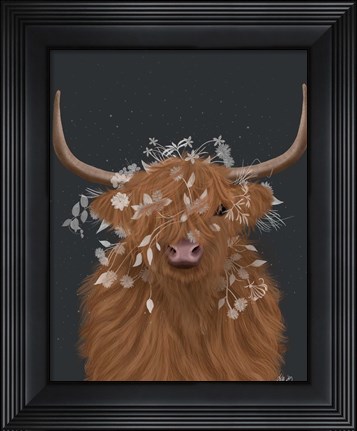 Framed Highland Cow 1, White Flowers Print