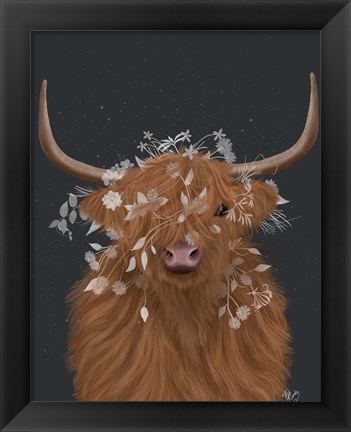 Framed Highland Cow 1, White Flowers Print