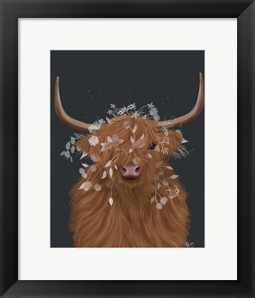 Framed Highland Cow 1, White Flowers Print