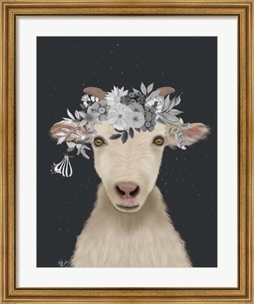 Framed Goat 1, White Flowers Print