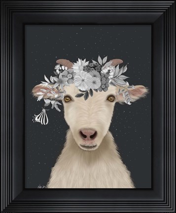 Framed Goat 1, White Flowers Print