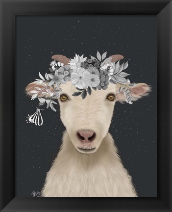 Framed Goat 1, White Flowers Print