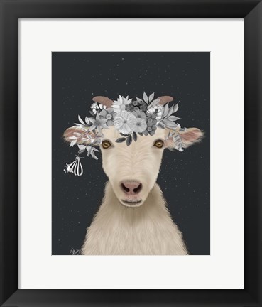 Framed Goat 1, White Flowers Print