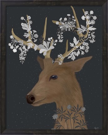 Framed Deer, White Flowers Print
