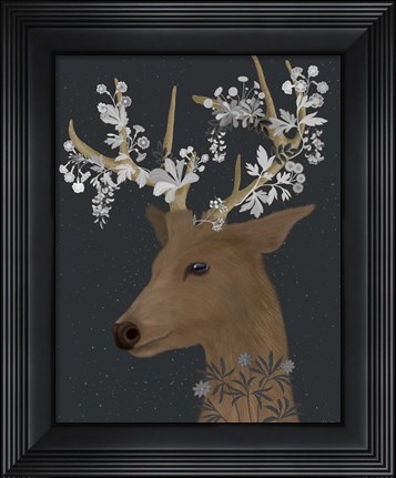 Framed Deer, White Flowers Print