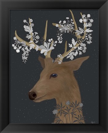 Framed Deer, White Flowers Print