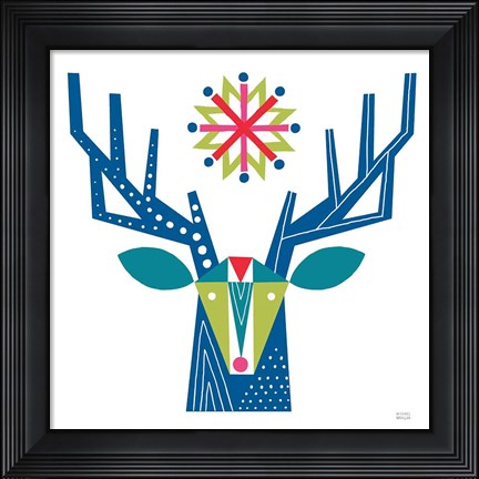Framed Geometric Holiday Reindeer II Bright Print