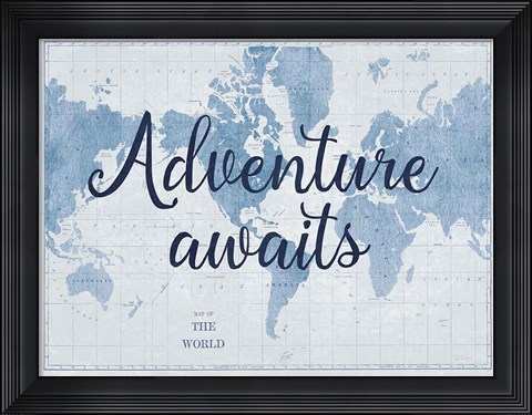 Framed World Map White and Blue v2 Print