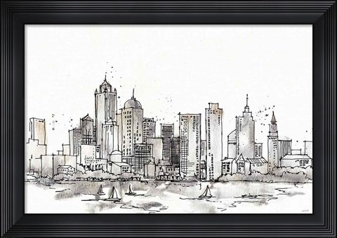 Framed Skyline Sketches III No Words Flowers Print
