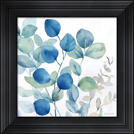 Framed Eucalyptus Leaves Navy I Print