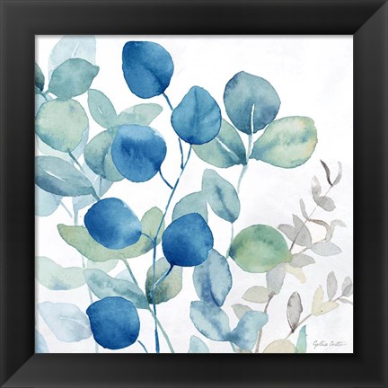 Framed Eucalyptus Leaves Navy I Print