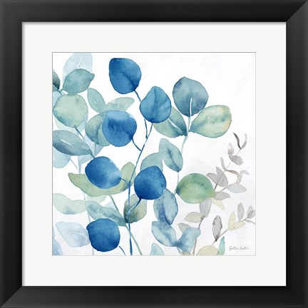 Framed Eucalyptus Leaves Navy I Print