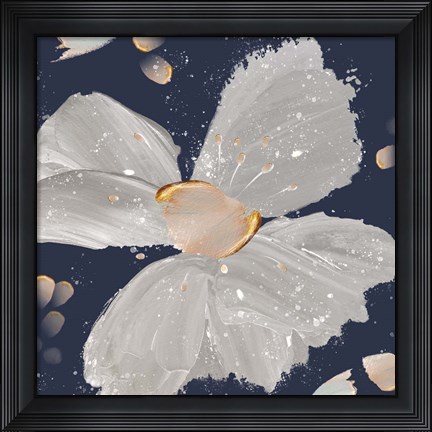 Framed Contemporary Floral Gray on Blue Print
