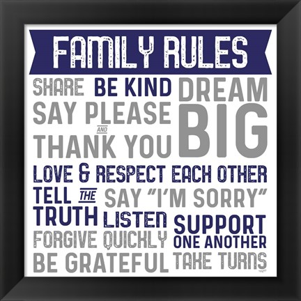 Framed Family Rules II Blue Gray Print