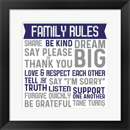 Framed Family Rules II Blue Gray Print
