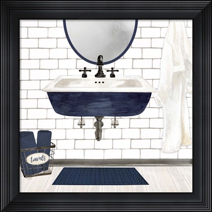Framed Farmhouse Bath II Navy-Sink Print