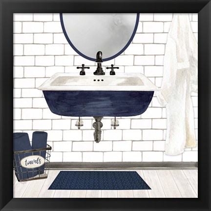 Framed Farmhouse Bath II Navy-Sink Print