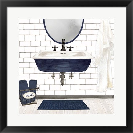 Framed Farmhouse Bath II Navy-Sink Print