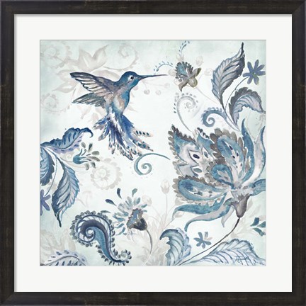 Framed Watercolor Boho Blue Hummingbird I Print