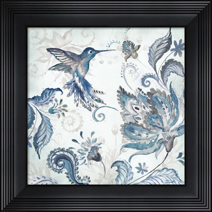 Framed Watercolor Boho Blue Hummingbird I Print