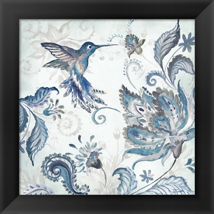 Framed Watercolor Boho Blue Hummingbird I Print