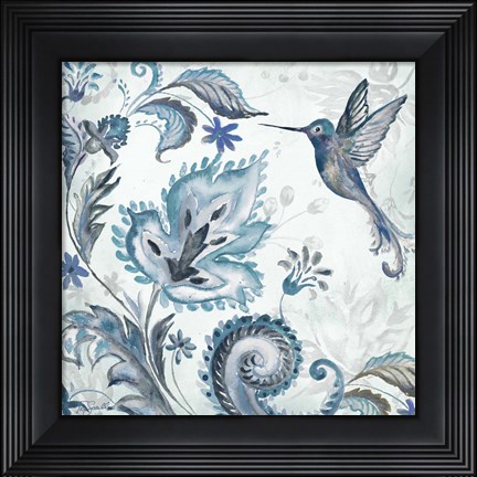 Framed Watercolor Boho Blue Hummingbird II Print