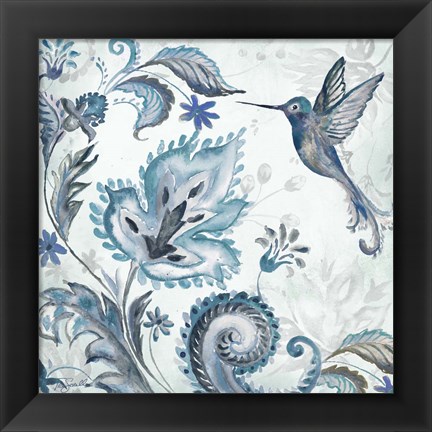 Framed Watercolor Boho Blue Hummingbird II Print