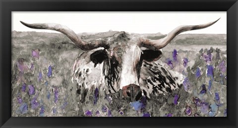 Framed Longhorn in Flower Field Print