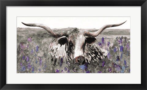 Framed Longhorn in Flower Field Print