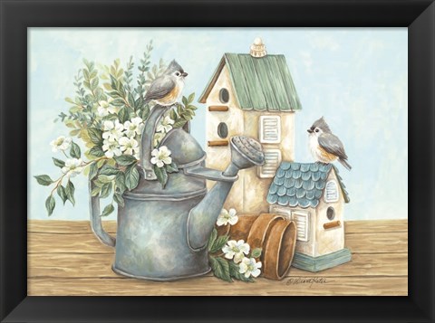 Framed Watering Can and Chickadees Print