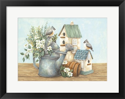 Framed Watering Can and Chickadees Print