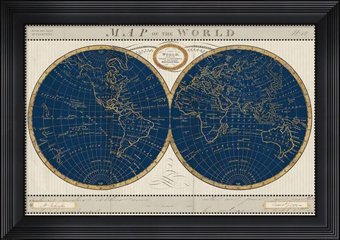 Framed Torkingtons World Map Indigo Globes Print