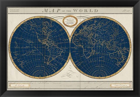 Framed Torkingtons World Map Indigo Globes Print