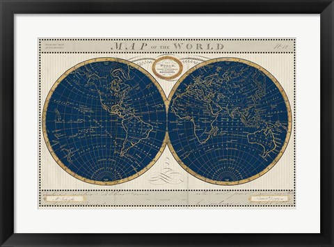 Framed Torkingtons World Map Indigo Globes Print