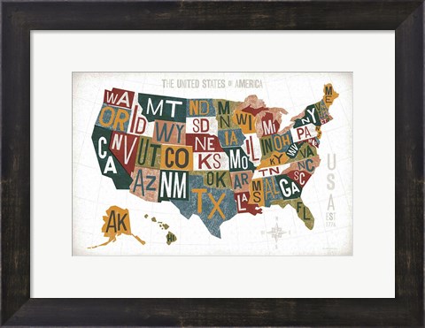 Framed Letterpress USA Map Warm Print