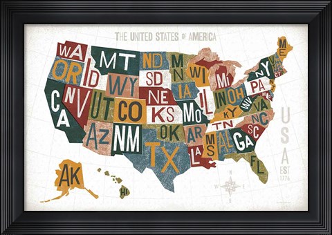 Framed Letterpress USA Map Warm Print