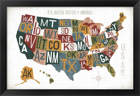 Framed Letterpress USA Map Warm Print