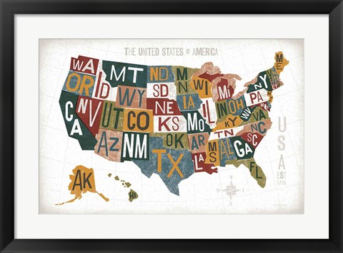 Framed Letterpress USA Map Warm Print