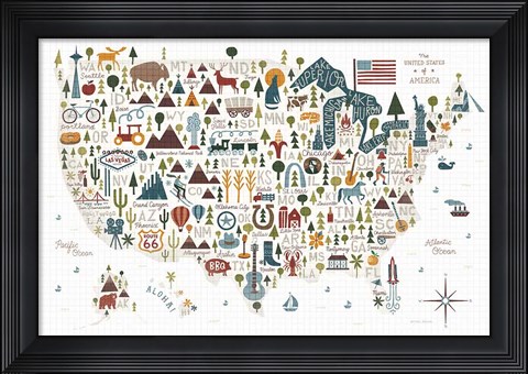 Framed Illustrated USA Warm Print
