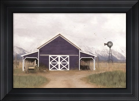 Framed Navy Barn in Tetons Print