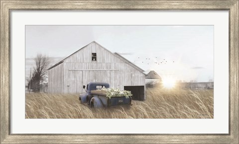 Framed Navy Blue Truck with Flowers Print