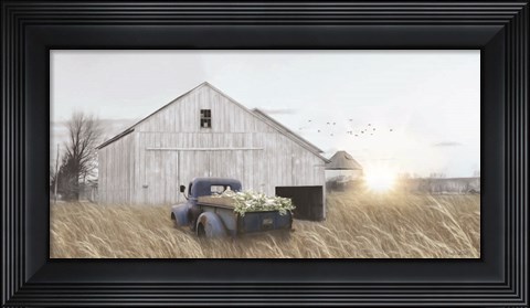 Framed Navy Blue Truck with Flowers Print