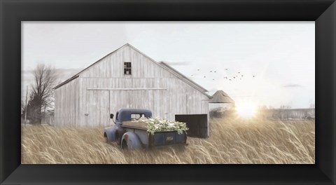 Framed Navy Blue Truck with Flowers Print