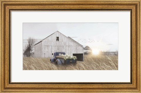 Framed Navy Blue Truck with Flowers Print